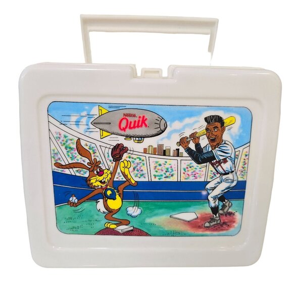 NESTLE QUIK Vintage White ATLANTA BRAVES & Quick Bunny PLASTIC LUNCH BOX 80s 90s - Picture 1 of 5